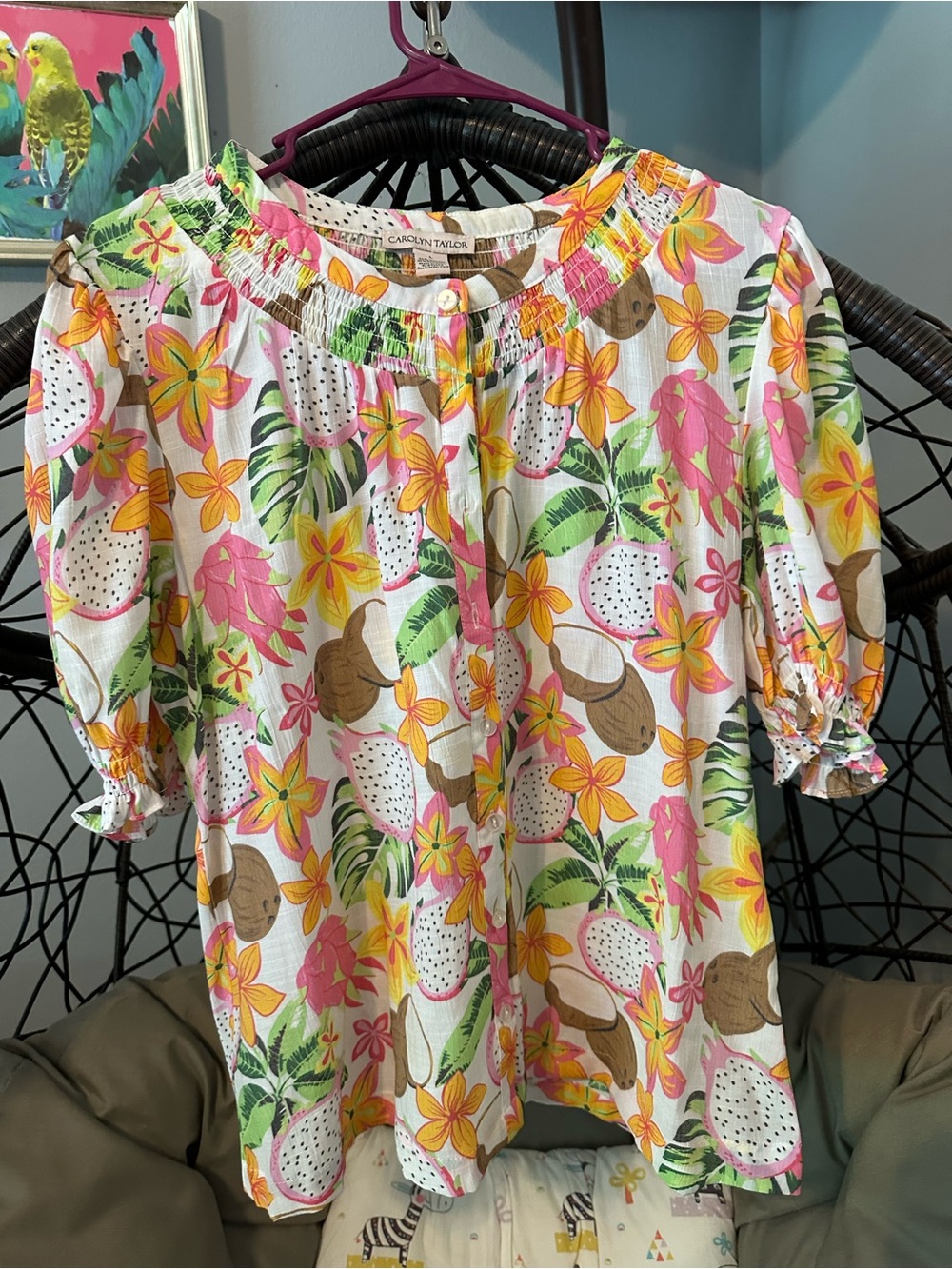 Carolyn Taylor White Tropical Floral Puff-Sleeve Blouse